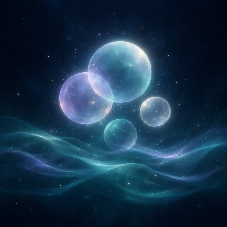 Glowing translucent spheres floating over soft teal waves in a starry night sky